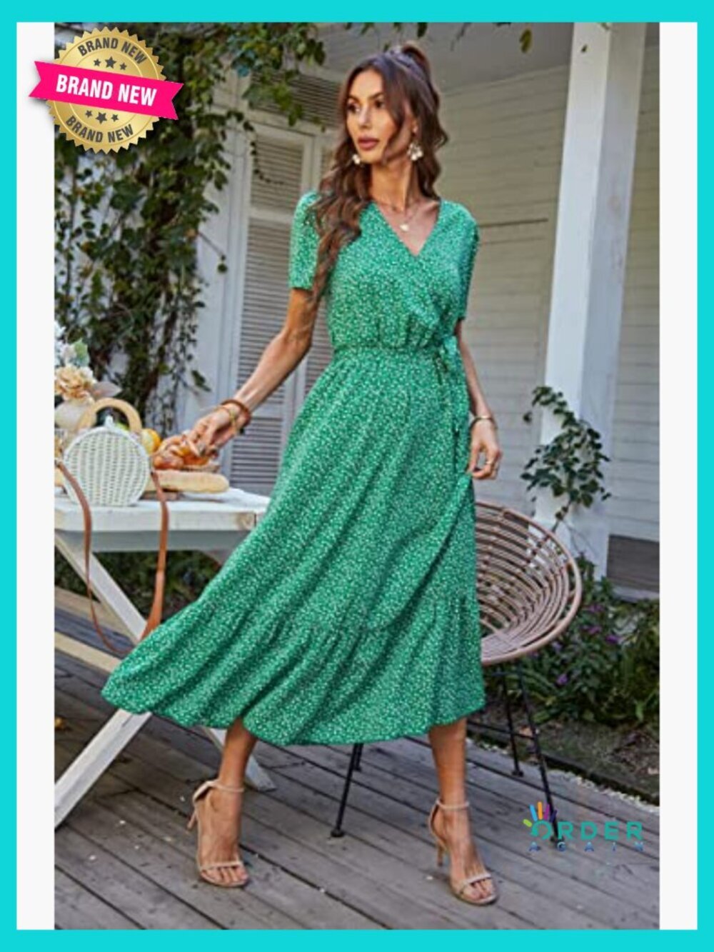 Boho Floral Maxi Dress Wrap V Neck Ruffle Short Sleeve Flowy Beach Wedding Guest - Picture 3 of 7